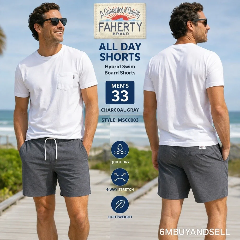 Faherty All Day Shorts Mens 33 Charcoal Gray Hybrid Swim Board Shorts MSC0003